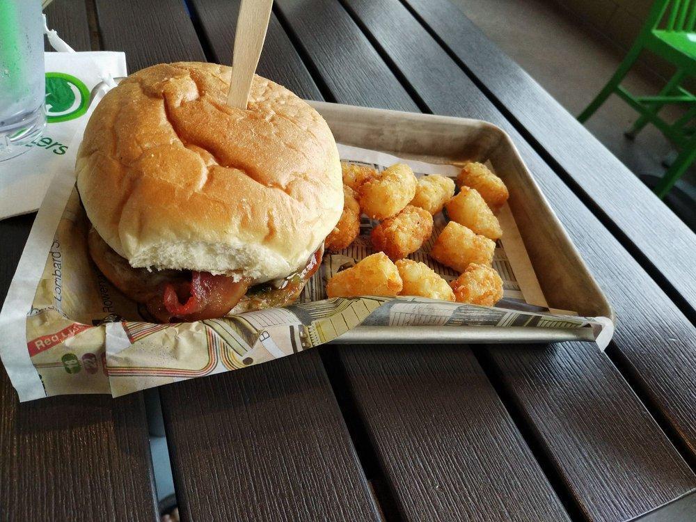 BBQ Bacon Burger · 1/4 lb. burger, white cheddar cheese, bacon, fresh jalapenos, BBQ sauce, and avocado spread.  670 calories.