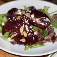 Red Beets Salad / Greens / Goat Cheese / Sherry Vinaigrette / Toasted Almonds · 