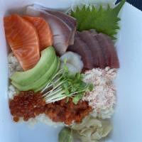 Chirashi Don · chef's choice sashimi, sushi rice, avocado