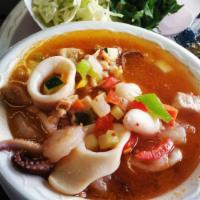 Seafood Soup · Made fresh to order with: Swordfish, Shrimp, Chopped Clams, Octopus, Calamari, and Sea Scall...