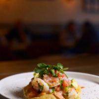 Shrimp Tostada · Crispy tortilla, avocado ranch and pico de gallo.