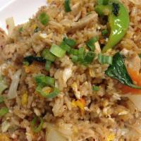 Spicy Fried Rice · Chicken, beef, pork, tofu or veggie. With egg, onion, tomato, cabbage and carrot. Spicy.