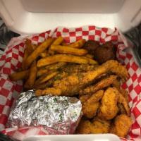 Fried Fish and Shrimp Tray · Two fillets, 6 shrimp,corn on the cob,fries and hush puppies