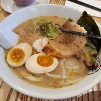 Ichiraku Ramen · Pork tonkotsu broth, pork belly, 1/2 soft-boiled egg, shiitake, spinach, beansprout, narutom...