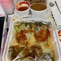 Chili Relleno · 2 Toasted open faced Anaheim peppers stuffed with shredded white jack cheese and with your c...