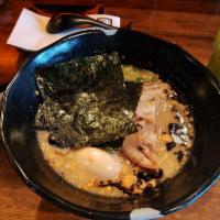 Jinya Tonkotsu Black Ramen · Pork broth, pork chashu, kikurage, green onion, nori dried seaweed, seasoned egg, garlic chi...