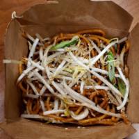 Garlic Noodles · Plain Garlic Noodles topped with Scallion Bean Sprout Salad and Parmesan Cheese