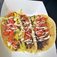 Pork Tacos · 3 House smoked pork tacos with shredded lettuce, fresh pico de gallo, crema, Sriracha aioli ...