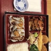 Chicken Teriyaki Bento Box · Chicken teriyaki, California roll, shrimp tempura, potato croquette, mac salad and seaweed s...