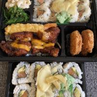 Karaage Fried Chicken Bento Box · Karaage fried chicken, California roll, Shrimp Tempura, Potato Croquette, Mac Salad and Seaw...