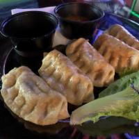 Chicken Potstickers · Five pieces. Steamed or fried dumplings stuffed with minced chicken and vegetables served wi...