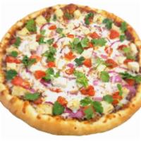 BBQ Chicken Pizza · BBQ sauce, chicken, onions, tomatoes and cilantro.