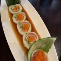 Low Carb Roll · Tuna, salmon, hamachi, crab meat, avocado rolled with cucumber, tobiko,  no rice. sauce on t...