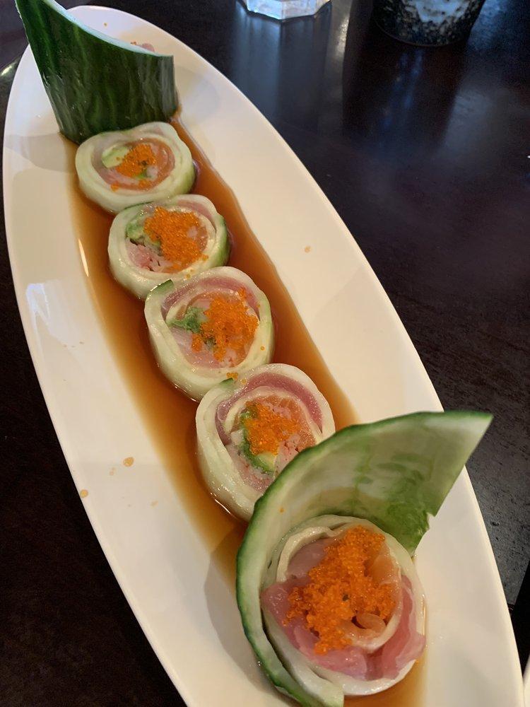Low Carb Roll · Tuna, salmon, hamachi, crab meat, avocado rolled with cucumber, tobiko,  no rice. sauce on the side.