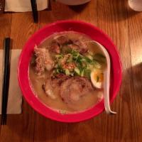 Mega Paitan · Original wavy noodles in housemade Chicken Paitan Soup topped with char siu pork, pulled cha...