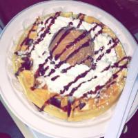 The Basic Belgian Waffle · A golden crispy Belgian waffle made from Nana's own recipe topped with homemade whipped crea...