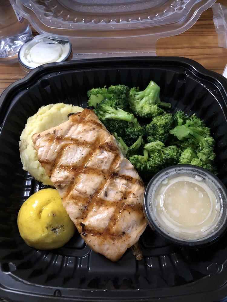 Grilled Salmon · grilled atlantic salmon served with lemon butter sauce, garlic mashed potatoes and chef’s seasonal vegetables 
