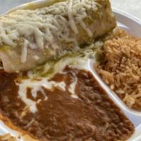 Chile Verde Burrito · Pork mixed with green sauce, rice, and beans. Smothered in spicy green sauce.