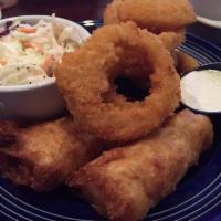 Fish and Chips · Atlantic cod hand dipped in our house made beer batter. Served with coleslaw and fries.