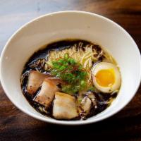 Black Garlic Tonkotsu · Pork Bone Broth, Kakuni (Pork Belly), Soft Boiled Egg, Wood Ear (Mushroom), Green Onion, Bla...