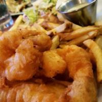 Fish Shrimp and Chips · Shiner beer-battered cod loin and jumbo shrimp with house-made fries and slaw.
