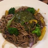 Organic Buckwheat Soba Noodles · Served with sauteed broccoli, red pepper and red onions with a touch of garlic and ginger. 