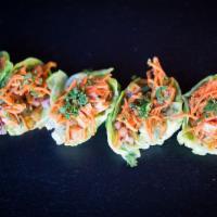 Thai Lettuce Cups · Grilled chicken, red onion, cucumber, carrot, cilantro, Thai sweet chili sauce and wonton st...