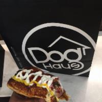 Downtown · Smoked bacon wrapped dog, caramelized onions, pickled peppers, mayo, mustard, and ketchup. H...
