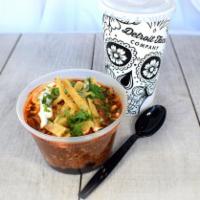 Chipotle Chicken Soup · Black beans, Mexican rice, charred corn, shredded chicken, chipotle chicken broth, onions, c...