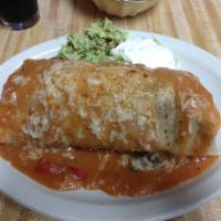 Carne Asada Burrito · Marinated steak,rice,beans,onions,cilantro and hotsauce  served wet or dry