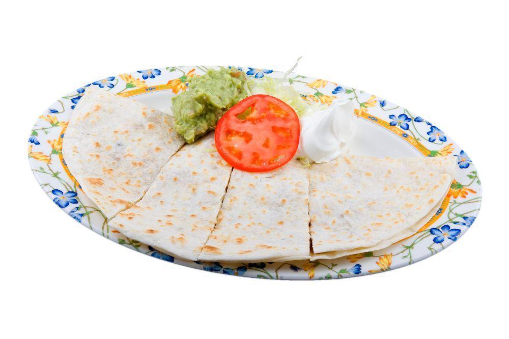 Quesadilla · Flour tortilla filled with cheese and choice of meat. Served with sour cream, guacamole, lettuce, and tomato.