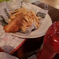 Fish and Chips · Light beer battered cod served with french fries.