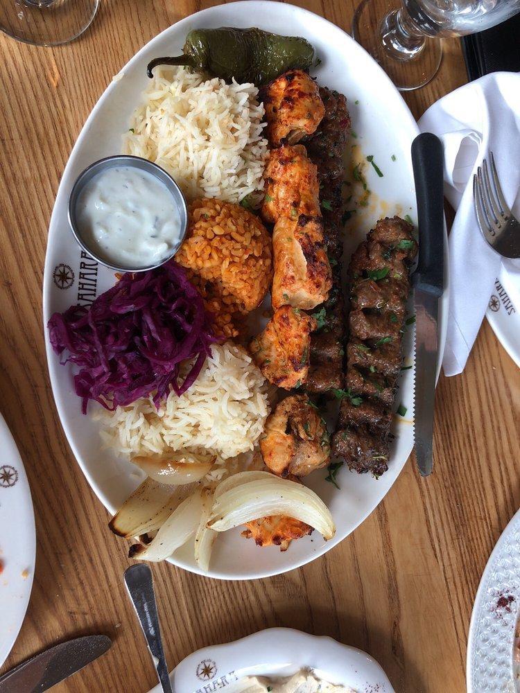 Chicken Kebab · Cubes of marinated chicken breast char-broiled on skewers. Served with rice and burgol.