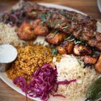 Chicken Combination Platter · Serves 2 people. Chicken kebab, chicken chops, and chicken Adana. Served with rice and burgol.