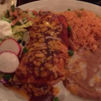 Chicken Fajitas Burrito · Grilled marinated chicken, onions, green chiles, tomatoes and bell peppers. 1 lb. burrito wi...