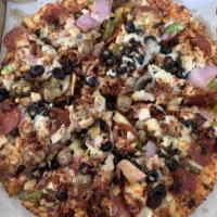 Supreme Pizza · Pepperoni, ham, sausage, bacon, chorizo, green peppers, red onion, olives, mushrooms, and ja...