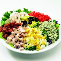 Cobb Salad · Fresh salad mix, hard-boiled egg, avocado, roasted diced turkey breast, bleu cheese crumbles...