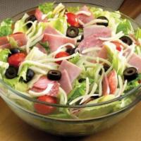 Antipasto Salad · Romaine lettuce, tomatoes, cucumber, onion, pepperoni, salami, and ham. With your choice of ...