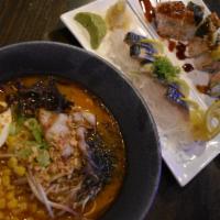 Spicy Miso Ramen · Pork and chicken based broth with spicy miso, chashu, bean sprouts, black mushroom, corn, so...