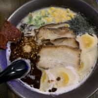 Tonkotsu Ramen · Pork and chicken based broth, chashu, bean sprouts, black mushroom, corn, soft-boiled egg, a...