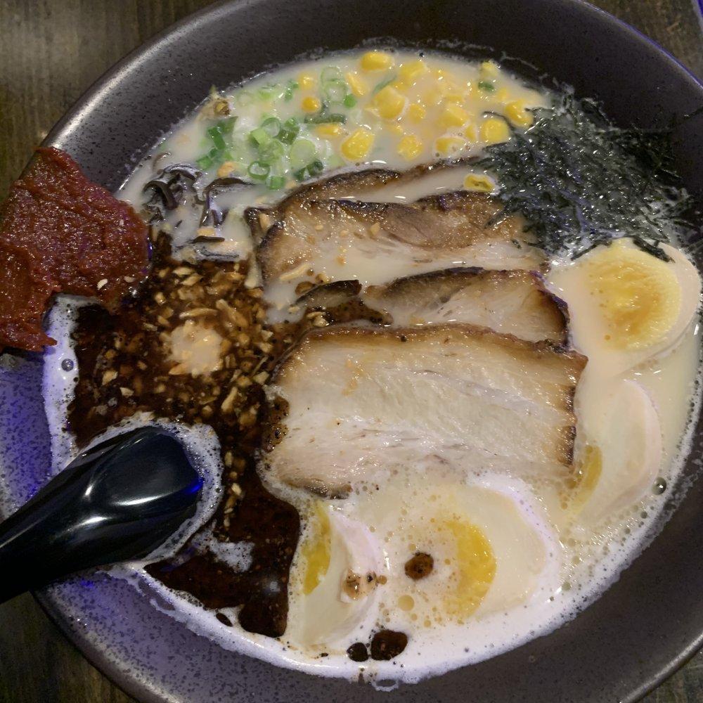 Tonkotsu Ramen · Pork and chicken based broth, chashu, bean sprouts, black mushroom, corn, soft-boiled egg, and green onion.