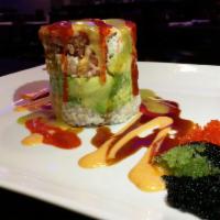 Ahi Tower Roll · 4 layered tower made of spicy tuna, avocado, crab meat, and sushi rice with 3 kind of caviar...