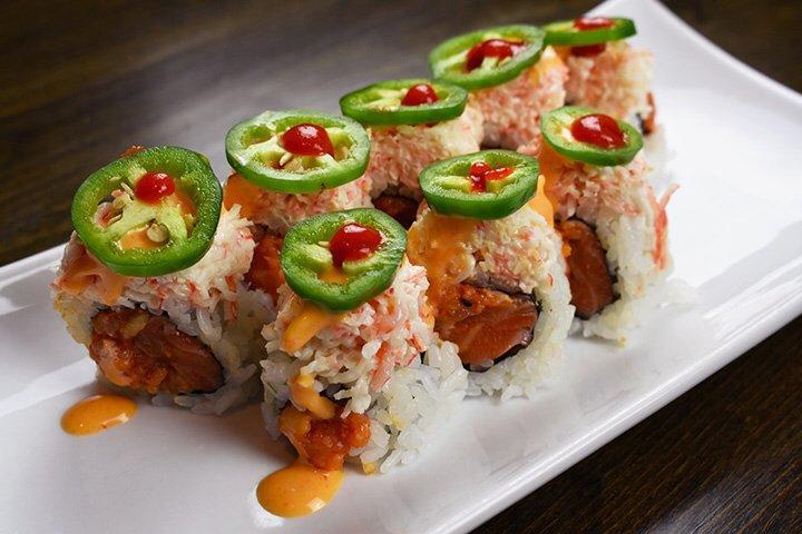 Amazing Grace Roll · Salmon, spicy tuna, topped with crab meat, jalapeno, spicy mayo, and hot sauce. Hot.