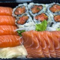 Salmon Lover · 4 pieces of sushi, 6 pieces of sashimi and 1 spicy salmon roll. Served with choice of side.