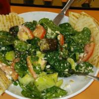 Greek Salad · Baby spinach, cucumbers, plum tomatoes, Greek Kalamata olives, grape leaves, green peppers, ...