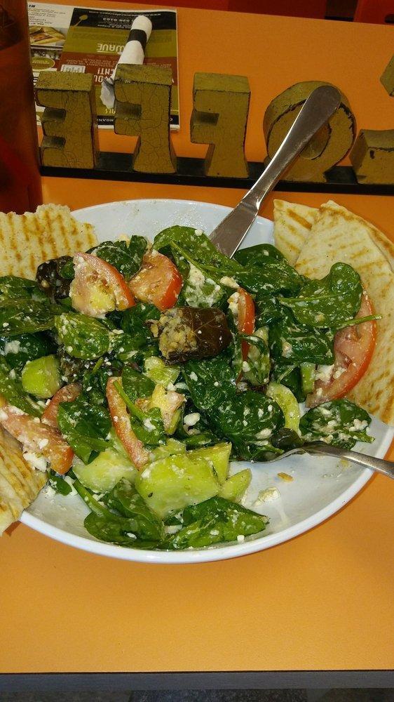 Greek Salad · Baby spinach, cucumbers, plum tomatoes, Greek Kalamata olives, grape leaves, green peppers, imported Greek feta cheese, red vinegar, olive oil, salt, pepper and fresh oregano.
