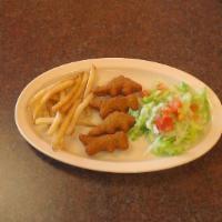 Kids Chicken Nuggets · 5 chicken nuggets served with fries and salad.