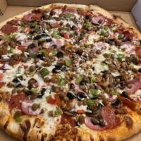 Supreme Pizza · Pepperoni, sausage, Canadian bacon, hamburger, onions, bell peppers, black olives and mushro...