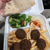 Falafel Plate · Our famous falafel. Served with hummus, a choice of rice or french fries and pita bread or l...