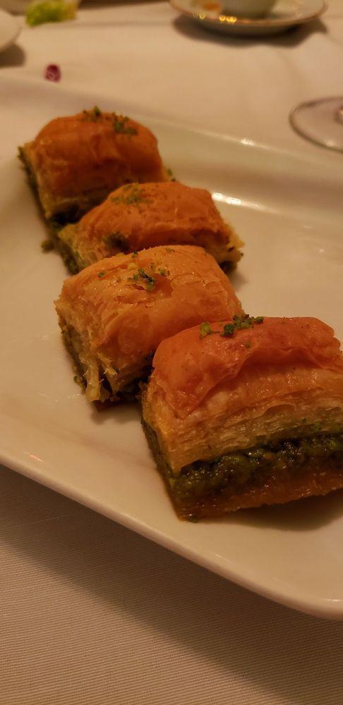 Baklava · Sweet dessert pastry made of layers of filo filled with chopped ground nuts and sweetened and held together with honey.